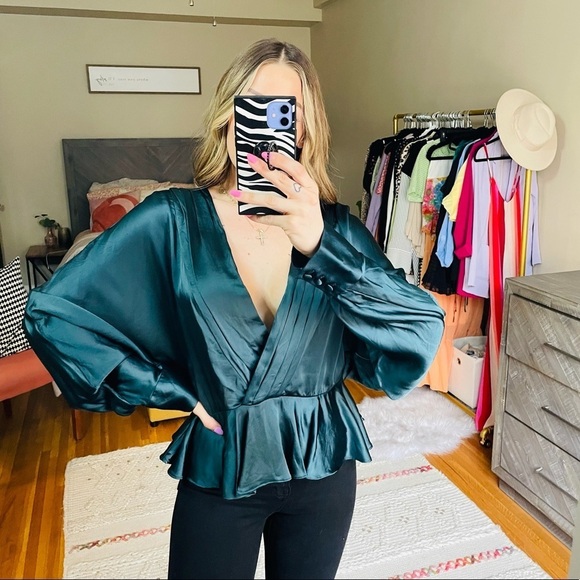 NBD Satin Bronson Wrap Front Blouse in Evergreen - Picture 9 of 9